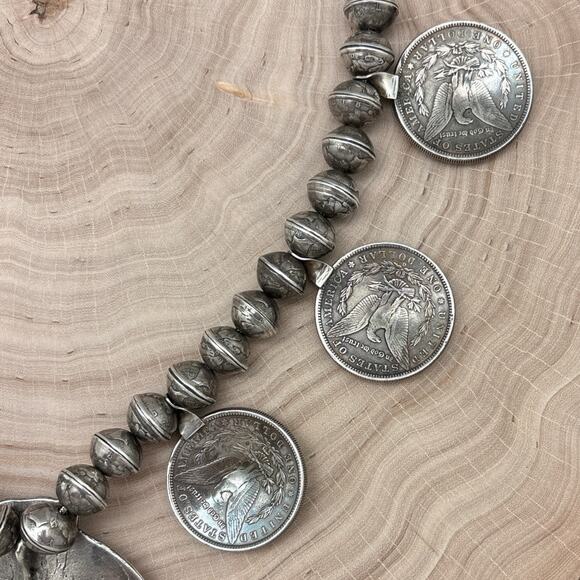1970s Native American NAVAJO Silver Turquoise Naja Necklace Morgan Dollar Coins - Picture 5 of 8